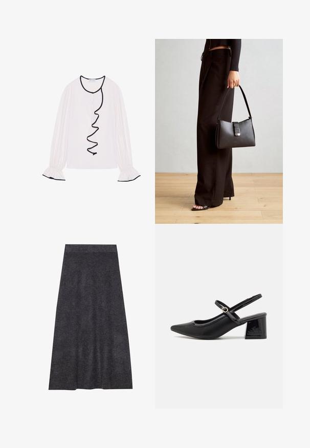 Blusa de manga larga en tejido rosa claro, con un ribete negro con volantes a lo largo del frente y los puños, con detalles elásticos.; Falda de punto gris oscuro, hasta la rodilla, con una textura suave y una cinturilla. Silueta en A con dobladillo uniforme, diseñada para la comodidad y versatilidad.; Tacones slingback de charol negro con punta afilada, un diseño de corte redondeado y tacón bloque. Incluye un detalle de hebilla en tono dorado.; Bolso negro con forma estructurada, textura suave y un cierre metálico. Combinado con pantalones anchos negros y sandalias de dedo en un suelo de madera.