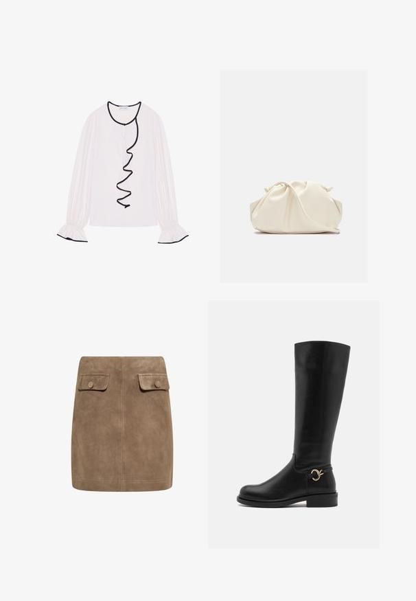 Bluzica dugih rukava u svijetlo ružičastom materijalu, s čipkastim crnim obrubom duž prednje strane i manžetama s elastičnim detaljima.; Smeđa nubuk mini suknja s glatkom teksturom, koja ima dva prednja džepa s preklopom i dugmad za zatvaranje s obje strane. Jednostavan, ravni dizajn.; Anna Field Wide Fit Čizme - black; Torba od mekanog umjetnog kože krem boje s nabranim dizajnom, podesivim remenom i suptilnim zatvaranjem uzicom. Glatka tekstura i zaobljen oblik.