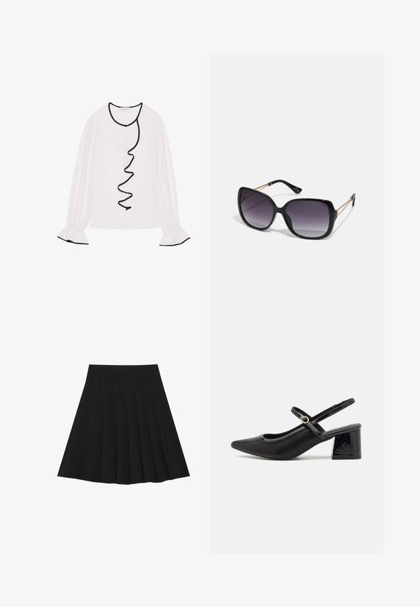 Langærmet bluse i lyserød stof, med en volangsort kant langs fronten og manchetterne med elastiske detaljer.; Sort plisseret nederdel lavet af struktureret stof med en tætsiddende talje. Faldende til knæ længde og har en glat, ren silhuet.; Sorte patentlæder slingback hæle med spids tå, rund udskæring og blokhæl. Har en guldtonet spændeaccents.; Sorte oversized solbriller med gradientlinser, tykke stel og guldfarvet kæde detaljer på tempelarmene.; Sort håndtaske med struktureret form, glat overflade og metalspænde. Sammen med brede sorte bukser og sandaler med åben tå på trægulv.