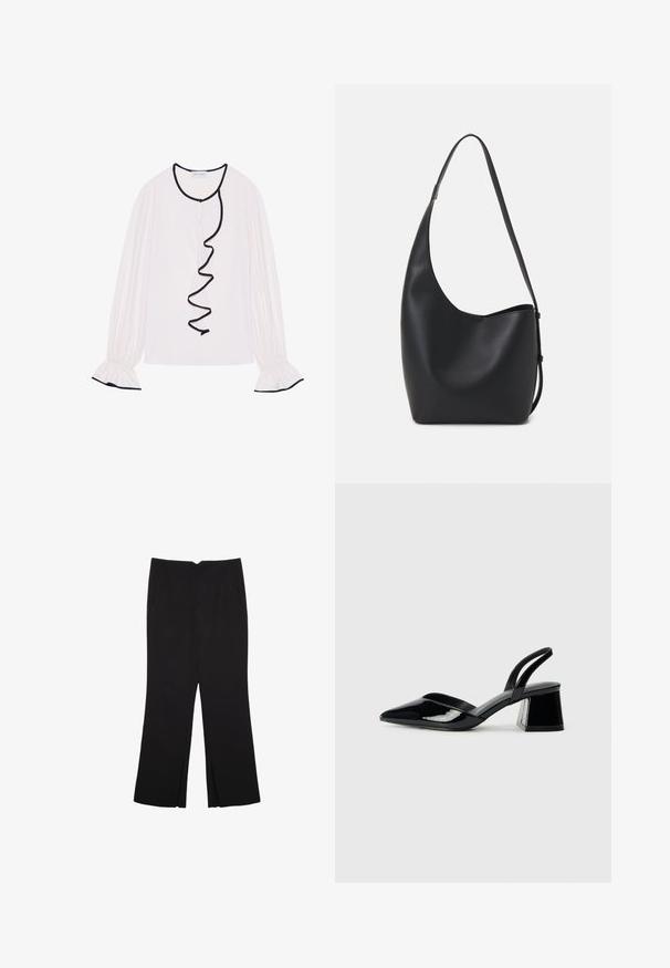Långärmad blus i ljusrosa tyg, med rynkad svart kant längs fram och vid ärmslut med elastiska detaljer.; Svarta byxor med rak passform, utrustade med framfickor och sidoklyvningar vid fållen. Tillverkade av mjukt, slätt tyg. Lämpliga för olika tillfällen.; Svarta lackläder slingback klackar med spetsig tå och geometrisk klack. Har en elegant, minimalistisk design och slät yta.; Svart läder hobo-väska med en slät textur, kurvig form och en justerbar axelrem; har en bred öppning upptill.