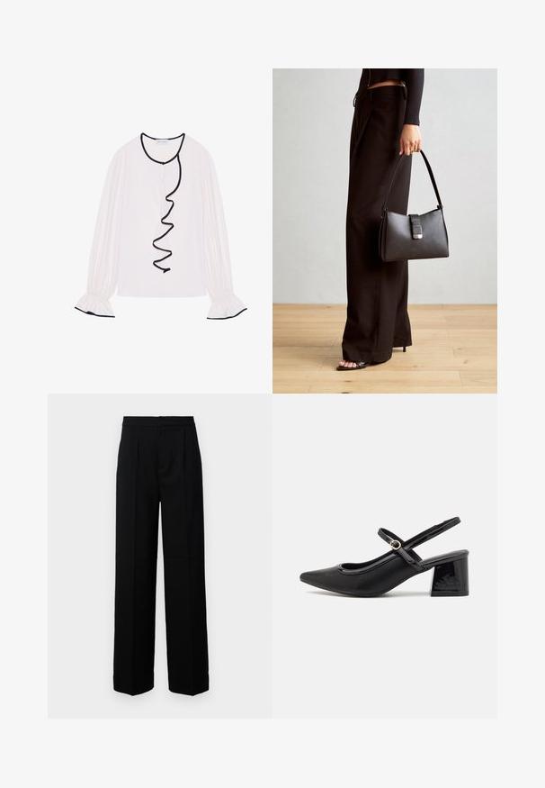 Blouse à manches longues en tissu rose clair, avec un volant noir le long de l'avant et des poignets avec des détails élastiques.; Pantalons noirs à jambes larges avec une texture lisse, présentant un devant plat, des plis et une taille ajustée. Aucun accessoire visible ni motif.; Escarpins slingback en cuir verni noir avec un embout pointu, un design à découpes arrondies et un talon carré. Présente un accent de boucle en ton doré.; Sac à main noir à la forme structurée, texture lisse et fermoir métallique. Associé à un pantalon noir ample et des sandales ouvertes sur un sol en bois.