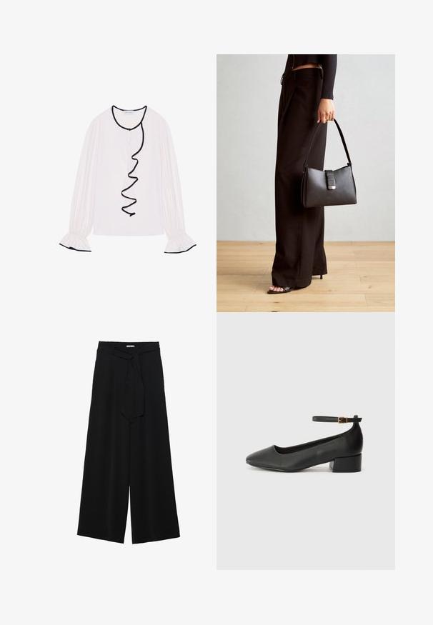 Blusa a maniche lunghe in tessuto rosa chiaro, con un bordo nero arricciato lungo il davanti e sui polsini, dotata di dettagli elasticizzati.; Pantaloni neri a gamba larga caratterizzati da un tessuto testurizzato, una vita elastica e una cintura staccabile per una vestibilità regolabile.; Pump in pelle nera con punta affusolata e tacco basso a blocco. Presenta una cinghia alla caviglia con una fibbia in tonalità oro. Texture liscia.; Borsa nera con forma strutturata, texture liscia e una chiusura metallica. Abbinata a pantaloni neri larghi e sandali open-toe su un pavimento in legno.