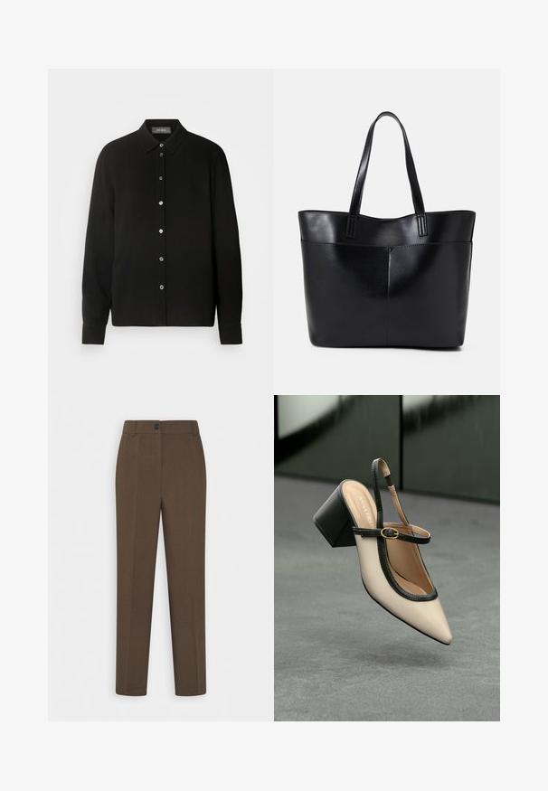 Camicia nera a maniche lunghe con colletto button-down e chiusura frontale con bottoni. Presenta un tessuto testurizzato con righe verticali.; Pantaloni marroni a gamba dritta con passanti per cintura e chiusura anteriore a un bottone, esposti su uno sfondo bianco.; Scarpa slingback beige con tacco alto, punta appuntita, rifinitura nera e dettaglio con fibbia. Materiale liscio con finitura opaca, tacco a blocco medio.; Borsa a tracolla in pelle nera con due manici lunghi, una texture liscia e una forma strutturata. Presenta una tasca frontale per ulteriore spazio di archiviazione.