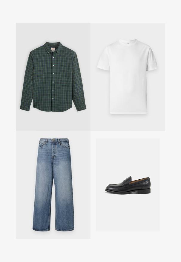 Camisa de manga larga abotonada con un patrón de cuadros en verde, azul y amarillo, botones blancos y un cuello abotonado.; Camiseta blanca de manga corta, hecha de algodón suave. Presenta un cuello redondo y un dobladillo recto con un detalle mínimo.; Jeans de denim azul de pierna ancha con un lavado descolorido, diseño de cinco bolsillos y cierre de botón. Equipados con trabillas y detalles de costura.; Mocasines de cuero negro con un acabado suave, punta redondeada y costuras decorativas en la parte superior. Tacón bajo apilado y un ligero brillo.