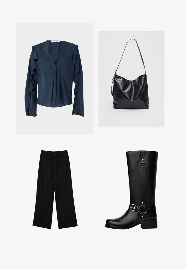 Blusa blu navy in tessuto leggero con scollatura a V profonda, maniche lunghe con dettagli arricciati e vestibilità ampia sul fondo.; Top nero a maniche lunghe realizzato in tessuto a coste. Presenta un collo rotondo e una forma aderente. Nessun motivo o decorazione. Design semplice.; Pantaloni neri leggeri a gamba larga con vita elastica e cordino. Texture liscia, senza motivi o componenti visibili.; Stivali neri alti in finta pelle con punta tonda, dettaglio della fibbia della cintura accentuata e tacco largo. Texture liscia e cucitura verticale sul gambale.; Borsa a spalla in pelle nera con una finitura morbida e texture. Presenta un design curvo e una singola tracolla regolabile. Nessun componente metallico aggiuntivo.