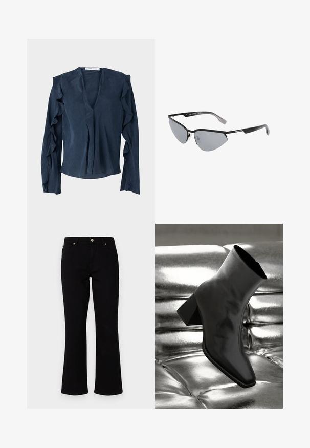 Navy blue blouse in lightweight fabric featuring a deep V-neck, long sleeves with ruffled accents, and a loose fit at the hem.; Black denim flared jeans with a mid-rise waist, two front pockets, and a single back pocket. Features gold-tone button and zipper.; Black ankle boot made of glossy material with a square toe and tapered heel, set against a shiny silver tufted background.; Black sunglasses with angular, cat-eye design. Silver mirrored lenses. Slim, lightweight plastic frames with subtle branding on the temples.; Silver metal earrings with a smooth, teardrop shape and a polished finish. Subtle engravings add detail. Minimalist design.