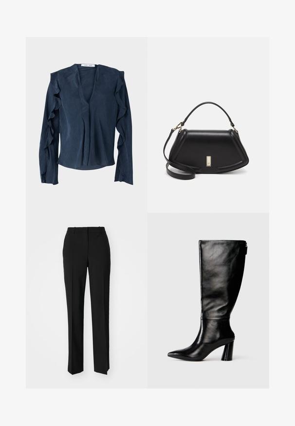 Navy blue blouse in lightweight fabric featuring a deep V-neck, long sleeves with ruffled accents, and a loose fit at the hem.; Black tailored trousers with a straight-leg design, featuring a smooth texture and crisp creases along the front. No visible hardware.; Knee-high black leather boot with a pointed toe, smooth texture, and a chunky heel. Features a zipper detail at the back.; Black leather handbag with a structured design, featuring a cropped shape, top handle, and gold hardware accent. Adjustable shoulder strap included.