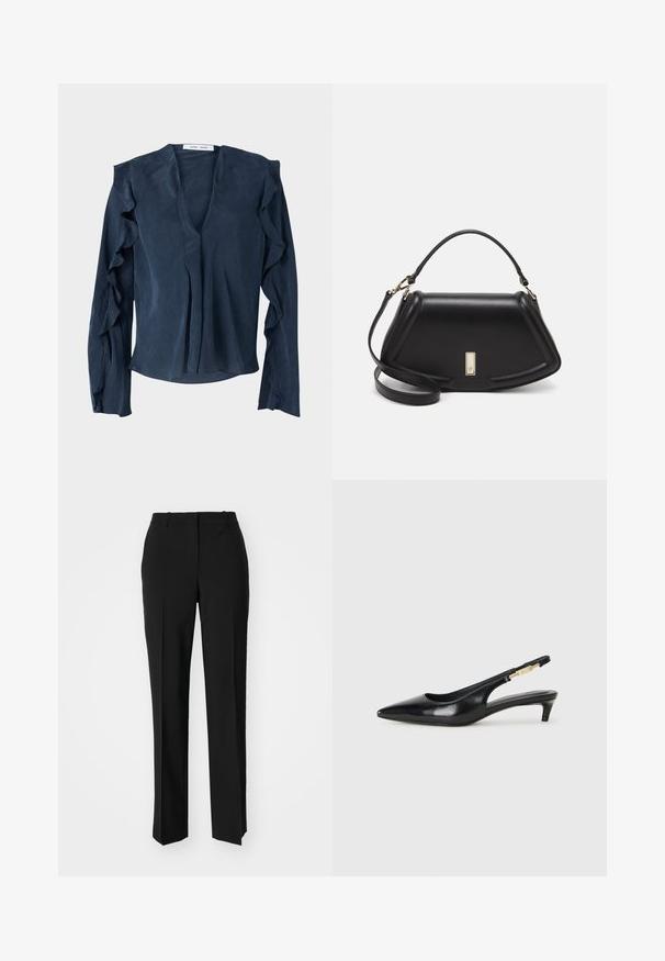 Navy blue blouse in lightweight fabric featuring a deep V-neck, long sleeves with ruffled accents, and a loose fit at the hem.; Black tailored trousers with a straight-leg design, featuring a smooth texture and crisp creases along the front. No visible hardware.; Black leather slingback heels with a pointed toe, featuring a slim heel and a gold-tone accent on the adjustable strap. Smooth texture.; Black leather handbag with a structured design, featuring a cropped shape, top handle, and gold hardware accent. Adjustable shoulder strap included.