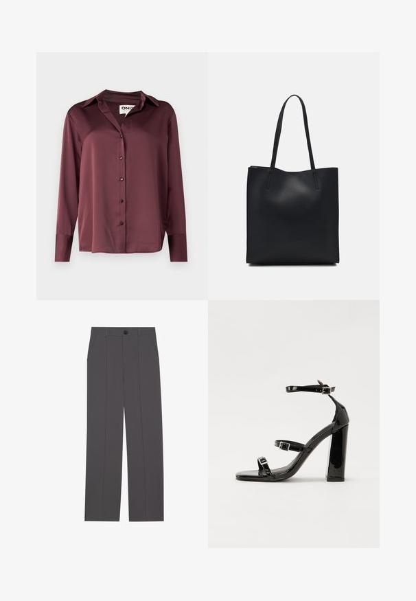 Maroon long-sleeve silk shirt with a collar, front buttons, and a smooth texture. Features a relaxed fit and rounded hem.; Grey trousers with a straight leg design, featuring two side pockets and a button closure. Smooth fabric with no visible patterns or accents.; Black patent heeled sandals with a square toe, ankle straps, and silver buckles. Features a chunky block heel for stability.; Black leather tote bag with smooth texture, rectangular shape, and two long handles. No visible hardware or embellishments.