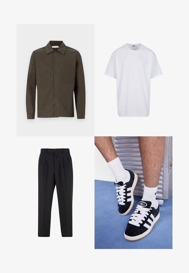 Tumši zaļš, garām piedurknēm krekls, izgatavots no gludas auduma, ar trīsstūrveida apkakli, priekšējiem pogām un divām krūšu kabatām.; Balta kokvilnas T-kreklu ar īsām piedurknēm, apaļu kakla izgriezumu, brīvu piegriezumu un bez redzamām logo vai rakstiem. Gluda tekstūra un minimālistisks dizains.; Melni brīvie bikses ar krokotu priekšpusi, izgatavotas no gludas auduma. Iespējama poga aizdare un jostas cilpas; taisnu kāju forma.; Melni zamšaini sporta apavi ar baltiem šņorēm un trim baltām svītrām. Iekļauj arī apaļu melnu logotipu uz mēles un gumijas zoli.