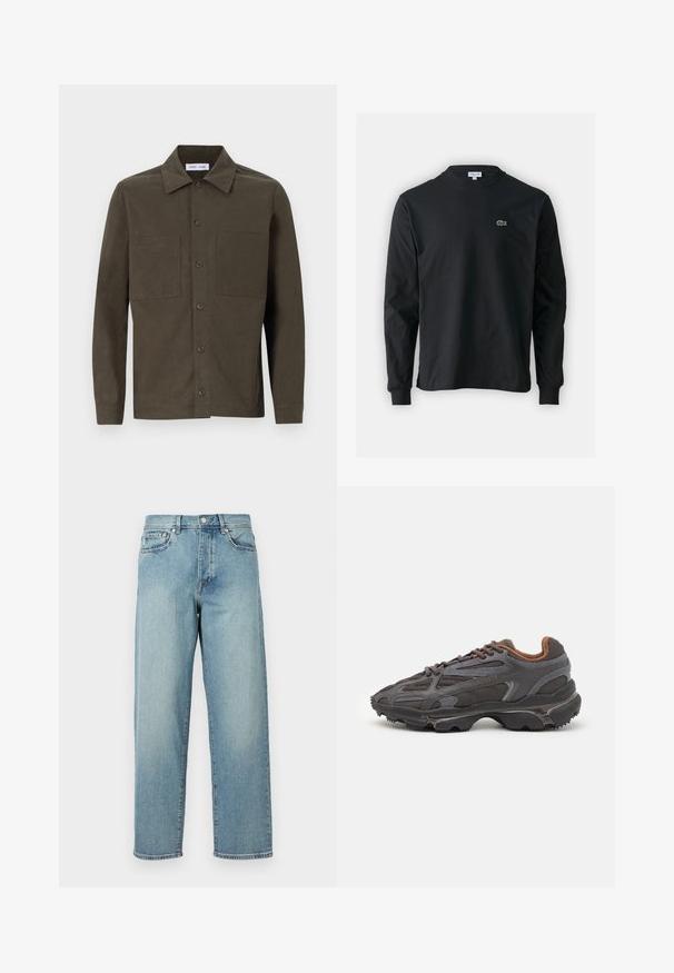 Tummanvihreä, pitkähihainen paita, joka on valmistettu sileästä kankaasta. Paidassa on terävä kaulus, etupainikkeet ja kaksi rintataskua.; Musta pitkähiha t-paita, joka on valmistettu puuvillasta. Paita on varustettu pyöreällä kaula-aukolla ja vasemmassa rinnassa on pieni vihreä brodeerattu krokotiililogo.; Vaaleansiniset farkut, joissa on löysä malli, suorat lahkeet, viisi taskua ja nappikiinnitys vyötäröllä. Minimalistinen ommel yksityiskohta.; Lacoste-tennar i mörkgrått med nät- och syntetmaterial, med en texturerad sula och bruna accenter på kragen och märket.