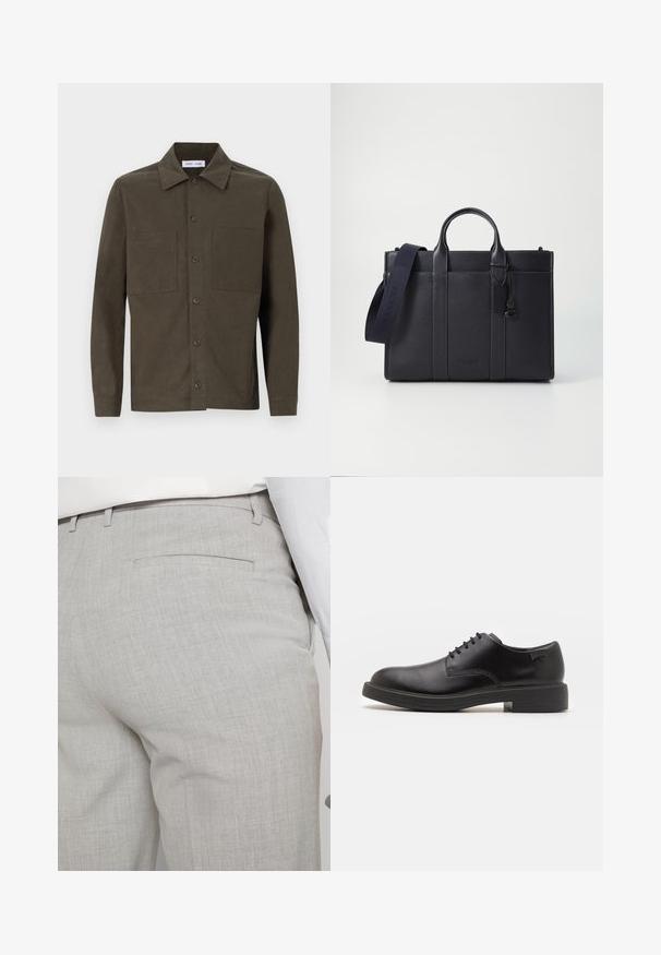 Camicia a maniche lunghe verde scuro in tessuto liscio, con colletto a punta, bottoni frontali e due tasche sul petto.; Pantaloni sartoriali grigio chiaro realizzati in tessuto strutturato, con una tasca posteriore singola e cuciture pulite.; Scarpa nera in pelle con lacci, punta tonda, texture liscia, cuciture minime e tacco in gomma basso. Logo sul tacco.; Cartella in pelle blu scuro con doppio manico superiore e tracolla removibile. Presenta una finitura texturizzata, cuciture verticali e dettaglio del logo.