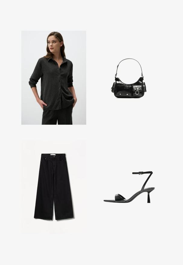 Camicia nera in tessuto testurizzato con colletto, maniche lunghe arrotolate ai polsini, caratterizzata da righe verticali e una vestibilità rilassata.; Bershka WIDE-LEG - Wide Leg - black; Bershka Sandali con tacco - black; Borsa a spalla in vernice nera con forma curvata, una tracolla, tasche frontali e dettagli in metallo argentato.