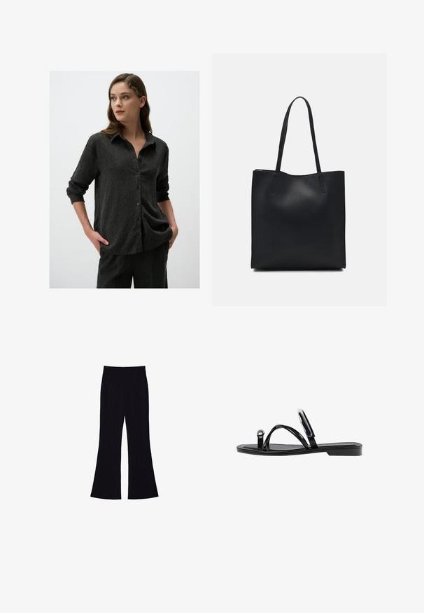 Chemise noire texturée à boutons, avec col, manches longues retroussées aux poignets, présentant des rayures verticales et une coupe décontractée.; Pantalons noirs évasés avec une taille haute et sans poches ni boutons visibles, présentés sur un fond blanc.; Sandales noires plates avec une finition brillante, trois fines lanières et un détail en métal circulaire au niveau des orteils. Design épuré avec un talon minimal.; Sac fourre-tout en cuir noir avec une texture lisse, de forme rectangulaire et deux longues poignées. Pas de matériel ou d'ornementations visibles.