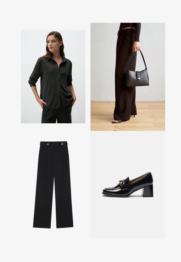 Zwarte textuur knoopshirt met een kraag en lange mouwen opgerold bij de manchetten, met verticale strepen en een relaxte pasvorm.; Zwarte wijde broek met hoge taille, knoopdetails op de tailleband en plooien aan de voorkant.; Zwarte gepatineerde leren instappers met hak, voorzien van een ronde neus, een chunkier hak en een gouden hardware accent op de voorband.; Zwarte handtas met gestructureerde vorm, gladde textuur en een metalen sluiting. Gecombineerd met brede zwarte broeken en sandalen met open teen op een houten vloer.