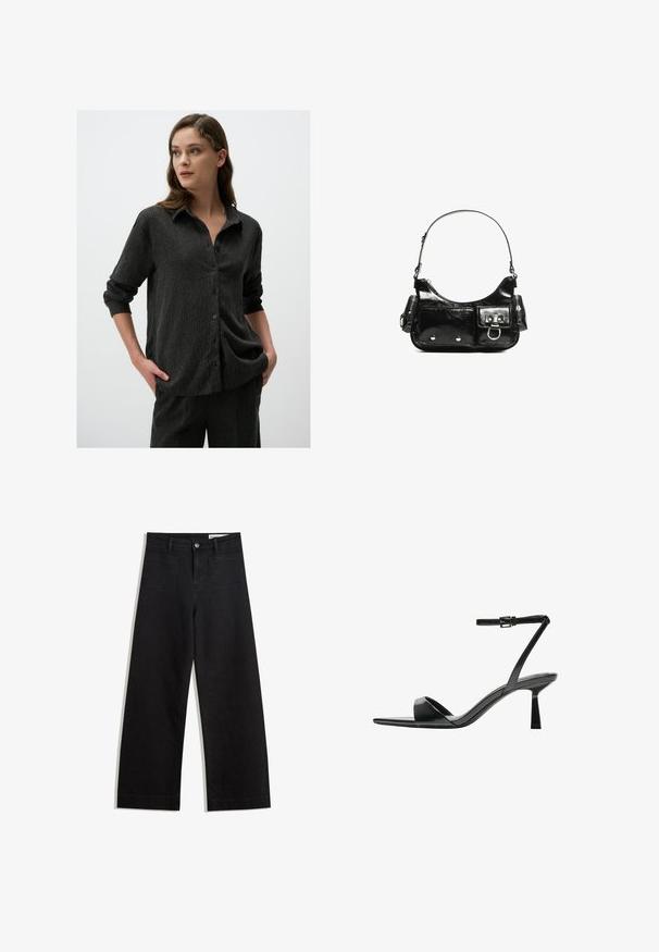 Schwarzes, strukturiertes Hemd mit Kragen, langen Ärmeln, die an den Bündchen aufgerollt sind, mit vertikalen Streifen und einem lässigen Schnitt.; Schwarze weit geschnittene Jeans mit hoher Taille, ausgestattet mit Vorder- und Hintertaschen, gesteppten Nähten und einem Knopfverschluss. Glatte Textur.; Bershka High Heel Sandalette - black; Schwarze Lackleder-Handtasche mit geschwungenem Design, einem Schulterriemen, Vordertaschen und silberfarbenen Hardware-Akzenten.