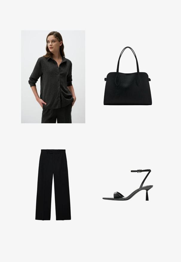 Schwarzes, strukturiertes Hemd mit Kragen, langen Ärmeln, die an den Bündchen aufgerollt sind, mit vertikalen Streifen und einem lässigen Schnitt.; Schwarze hochtaillierte Weitbeinhosen mit Gürtelschlaufen und seitlichen Taschen, ausgestattet mit einem Reißverschluss und Knopfverschluss vorne.; Bershka High Heel Sandalette - black; Schwarze Lederhandtasche mit zwei Schulterriemen, rechteckiger Form und minimalistischem Design auf weißem Hintergrund.