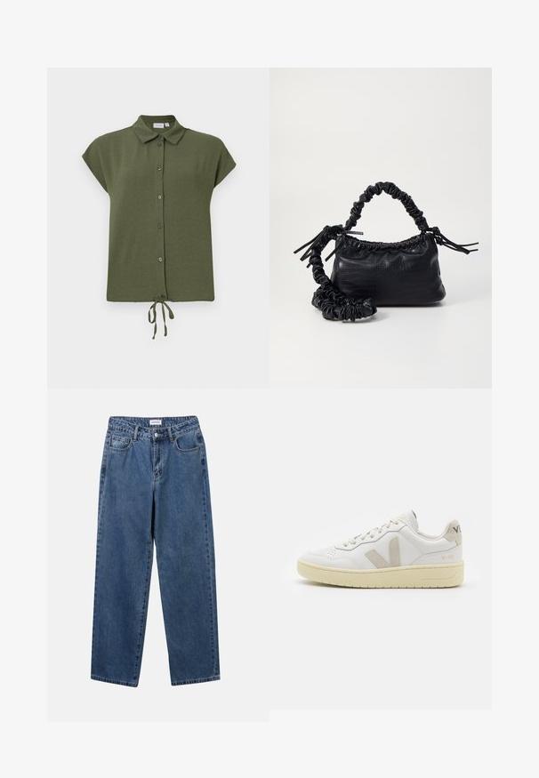 Bluză cu mânecă scurtă, de culoare verde măslinie, cu guler, nasturi în față și detaliu cu fundă la margine, confecționată dintr-un material ușor, texturat.; Jeans clasice din denim albastru, cu un design drept, cinci buzunare și închidere cu nasture. Prezentând o spălare medie și o textură rezistentă.; Pantofii sport din piele albă cu accente din suede bej, cutie pentru degete perforată, șireturi plate și o talpă texturată de crem. Prezintă branding subtil pe călcâi.; Geantă din faux leather neagră cu textură de crocodil, cu partea superioară strânsă și o curea mototolită. Pare moale și compactă ca design.