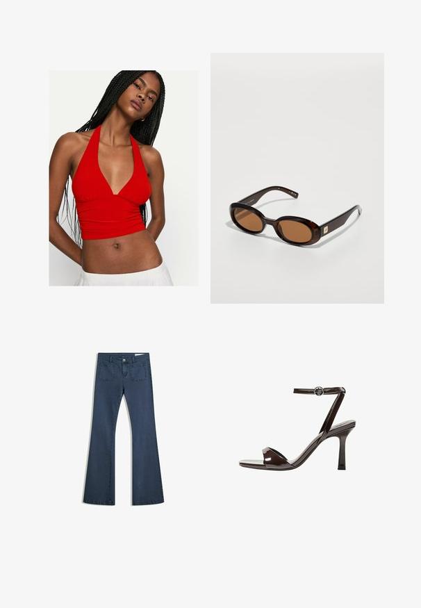 Piros, háton kikötős crop top, V-nyakkivágással és gyűrt részletgel a mellen. Simább anyagból készült, testhezálló fazon hangsúlyozza a derekat.; Sötétkék, bőszárú farmernadrág, varrott zsebekkel, gombos záródással és sima felülettel. Klasszikus ötpocket dizájnnal rendelkezik.; Barna lakkbőr magassarkú szandál, bokaheggyel, nyitott orral és letisztult, minimalista dizájnnal. Négyzet alakú sarokkal rendelkezik.; Barna teknőcmintás napszemüveg, ovális lencsékkel, vékony kerettel és kis fém díszítéssel az oldalon. Texturált és sima felület.; Fekete bőr kézitáska félhold alakban, sima textúrával és állítható pánttal, diszkrét fém részletekkel. A cipzáras zárás jól látható.