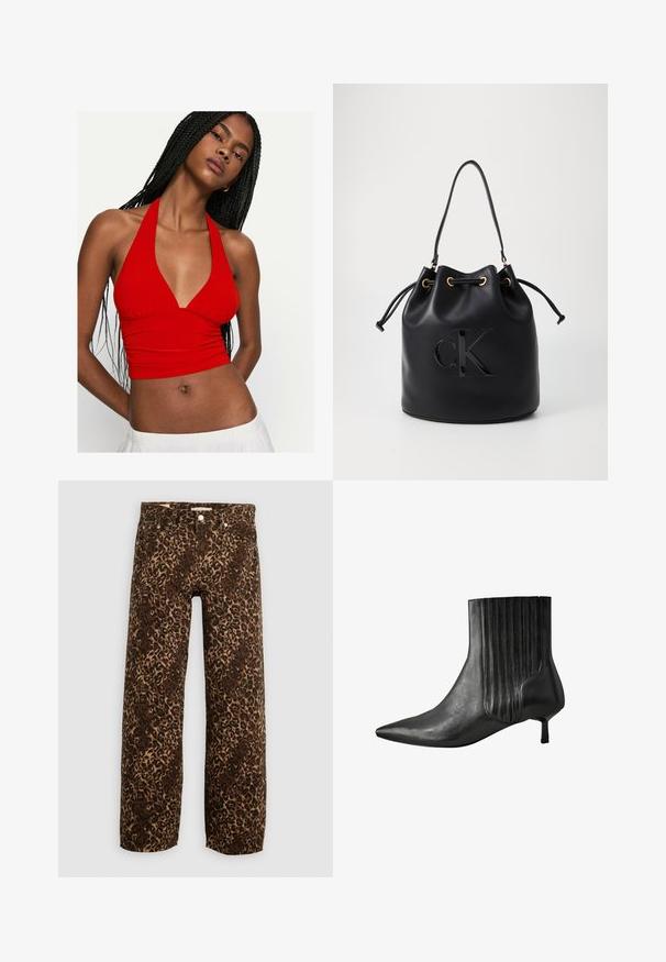 Top scurt roșu cu gât halter, cu decolteu în V și detalii plisate la bust. Fabricat dintr-un material neted, designul ajustat evidențiază talia.; Blugi largi cu imprimeu de leopard în nuanțe de maro și bej. Realizați din denim, cu un design clasic cu cinci buzunare și accesorii din metal.; Botină neagră din piele cu vârf ascuțit, design cu dungi pe lateral și toc pătrat, mic. Textură netedă cu un finisaj lucios.; Geantă bucket din piele neagră, cu închidere cu șnur, având un logo lucios "CK" pe față și accente din metal auriu.