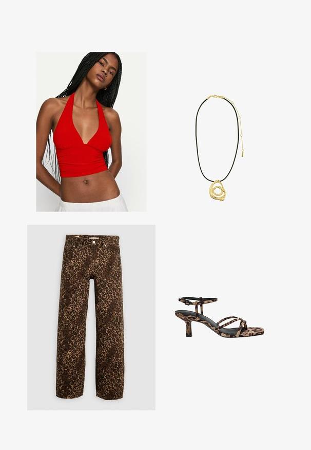 Červený crop top na krk s V výstrihom a pevnými detailmi na dekolte. Vyrobený z hladkej látky, priliehajúci dizajn zvýrazňuje pás.; Džínsy s potlačou leopardieho vzoru, široké nohavice v hnedej a béžovej farbe. Vyrobené z denimu, s klasickým dizajnom piatich vreciek a kovovými detailmi.; Sandále na podpätku s leopardím vzorom, s hranatou špičkou, viacerými popruhmi a stredne vysokým podpätkom. Vyrobené z mäkkého textilného materiálu.; Pilgrim UNFOLD - Náhrdelník - gold