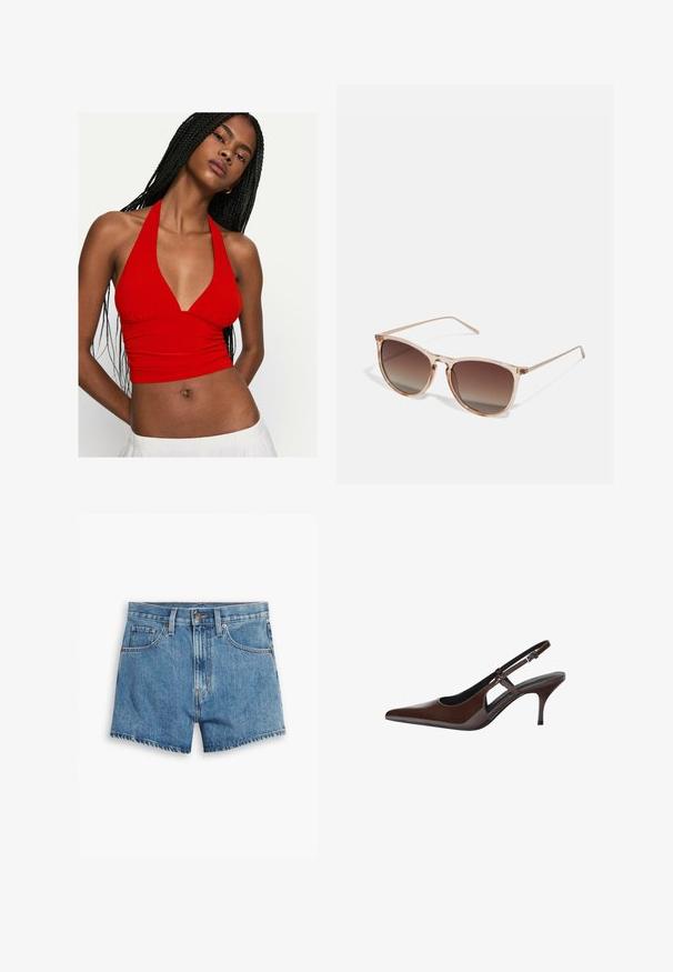 Červený crop top na špagetových ramínkách s V výstřihem a nabíranými detaily na poprsí. Vyrobeno z hladkého materiálu, úzký střih zvýrazňuje pás.; Džínové šortky v světle modré barvě, s pěti kapsami, zipovým zapínáním a knoflíkovým uzávěrem. Lem je roztrhaný s uvolněným střihem.; Hnědé lakované kožené lodičky na podpatku s špičatou špicí, otevřenými výřezy a tenkým podpatkem. Disponují nastavitelným páskem se sponou.; Hnědé sluneční brýle s gradientem, s průhledným růžovým rámem, čtvercovým tvarem a tenkými kovovými nohami. Charakterizovány zaoblenými hranami a minimálním zdobením.