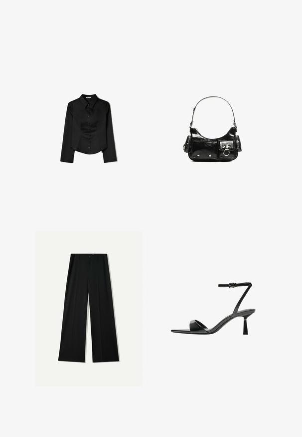 Black long-sleeve shirt made from smooth fabric, featuring a pointed collar, front button closure, and a cropped hem with side slits.; Bershka WIDE - Trousers - black; Bershka High heeled sandals - black; Black patent leather handbag with a curved shape, one shoulder strap, front pockets, and silver-tone hardware accents.