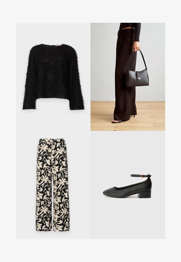 Suéter preto felpudo de mangas longas com decote redondo e bainha ligeiramente curta, exibido sobre um fundo branco.; Top preto de mangas curtas, feito de material suave, com design peplum e uma cintura cinto com dois botões redondos em tom prateado.; Calças largas pretas com um padrão floral creme. Feitas de um tecido leve, apresentando uma textura suave e uma cintura alta.; Sandal de pele preta com bico pontiagudo e um salto bloco baixo. Apresenta uma tira no tornozelo com uma fivela em tom dourado. Textura suave.; Bolsa preta com forma estruturada, textura suave e um fecho metálico. Combinada com calças largas pretas e sandálias de salto aberto sobre um chão de madeira.