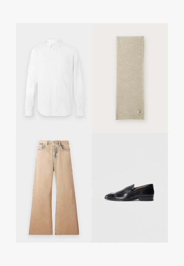 Weißes Langarmhemd aus strukturiertem Stoff, mit klassischem Kragen, Knopfleiste und geradem Saum, in lockerer Passform.; Beige weite Jeans mit verblichener Textur, Fünf-Taschen-Design und genähten Details entlang der Nähte. Der Bund hat einen klassischen Knopfverschluss.; Schwarze Lederloafers mit glatter Oberfläche, spitzem Zehenbereich und subtilen Steppdetails. Verfügt über einen flachen Absatz und ein eingeprägtes Logo an der Seite.; Beige gestrickter Schal mit vertikaler Rippenstruktur. Mit einem kleinen Stoffetikett mit der Aufschrift "DRYARN" an einem Ende. Weiches, leichtes Material.; Schwarze Fliege mit diagonalen blauen Streifen, aus einem glatten Stoff gefertigt. Sie hat ein verjüngtes Ende und eine geknotete Schlaufe an der Oberseite.