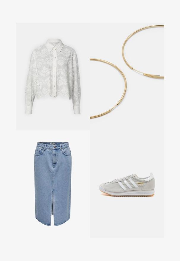 Bijela skraćena košulja s dugim rukavima, s vezivnim cvjetnim uzorcima, ovratnikom i otvorima od čipke duž rubova.; Svijetloplava traper suknja s ravnim krojem, prednjim prorezom, dizajnom s pet džepova i patentnim zatvaračem s kopčanjem na gumbe.; Svijetlosivi tenisice od antilopa i mrežice, s tri bijele pruge, okruglim vrhom i gumenom potplatom. Zlatni logo akcent blizu vezica.; Zlatne kružne naušnice, tanke i okrugle, s glatkom metalnom površinom bez ukrasa ili uzoraka.