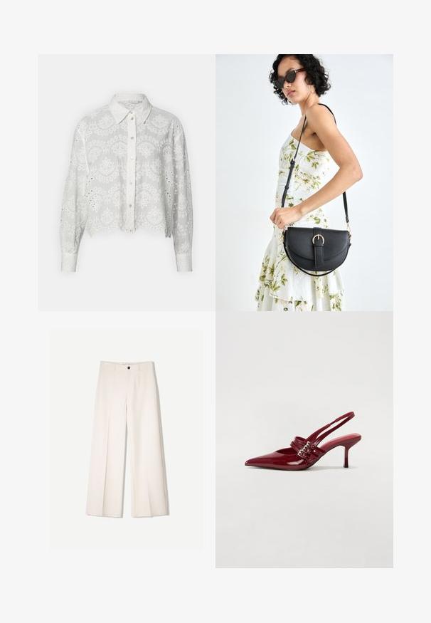 Cămașă albă scurtă, cu nasturi, cu motive florale brodate, guler și mâneci lungi, având decupaje în formă de ochi de-a lungul marginilor.; Pantaloni largi de culoare crem, cu un design croit, având două buzunare la față și o închidere cu un singur nasture în față, realizați dintr-un material neted.; Pantofi cu toc slingback din piele roșie lacuită, cu vârf ascutit, două curele cu cataramă și un toc subțire, de înălțime medie. Textură netedă.; Geantă din piele neagră, cu o formă curbată, curea detașabilă și accesorii aurii. Geanta are un capac cu un detaliu tip cataramă.