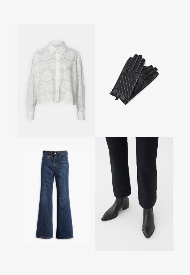 Weißes, verkürztes Hemd mit Knöpfen und gestickten Blumenmustern, einem Kragen und langen Ärmeln, mit Spitzen-Elementen entlang der Ränder.; Hochtaillierte dunkelblaue Jeans mit ausgestellten Beinen, Vorderknopf- und Reißverschluss sowie Fünf-Taschen-Design.; Schwarze Leder-Stiefeletten mit spitzem Zehenbereich, Blockabsatz und strukturierten Seitenpaneelen, kombiniert mit dunklen Hosen vor einem weißen Hintergrund.; CASH-MERE MIT CARO STYLE UND TOUCHSCREEN TAUGLICH - Fingerhandschuh - schwarz