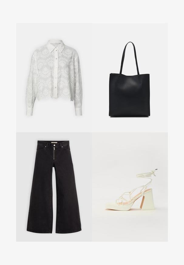 Chemise blanche courte à boutons avec des motifs floraux brodés, un col et des manches longues, présentant des découpes en œillet le long des bords.; Jean large en denim noir avec une fermeture éclair à l'avant, un design à cinq poches et des détails de couture subtils. Texture lisse et style décontracté.; Sandale blanche à talons hauts avec un talon épais, présentant un design à lanières et un lien autour de la cheville. Texture lisse avec une plateforme à l'avant pour une hauteur supplémentaire.; Sac fourre-tout en cuir noir avec une texture lisse, de forme rectangulaire et deux longues poignées. Pas de matériel ou d'ornementations visibles.