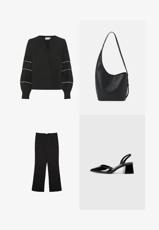Zwarte blouse met een V-hals, lange pofmouwen met witte gekartelde rand en verticale plooien, gemaakt van lichte stof.; Zwarte broek met een rechte pasvorm, voorzien van zijzakken en plooien aan de onderzijde. Gemaakt van zachte, gladde stof. Geschikt voor verschillende gelegenheden.; Zwarte gepatineerde leren slingback hakken met een spitse neus en een geometrische blokhak. Kenmerkt zich door een slank, minimalistisch ontwerp en een gladde textuur.; Zwarte leren hobo tas met een gladde textuur, kromme vorm en een enkele verstelbare schouderband; heeft een brede opening aan de bovenkant.