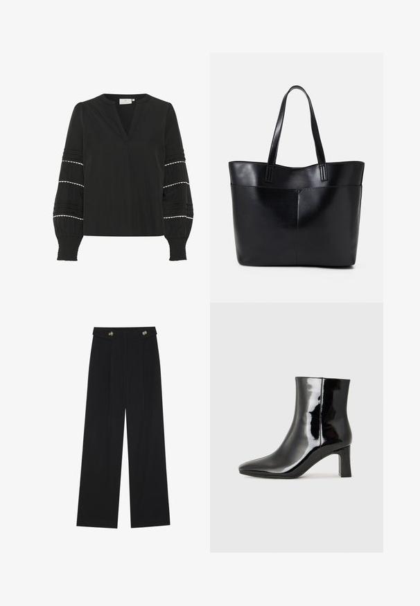 Mustakas blouse V-kaelusega, pikkade puhvvarrukatega, millel on valged lainelised äärised ja vertikaalsed voldid, valmistatud kerge materjaliga.; Mustad laiad püksid kõrge vöökoha ja nööpdetailidega vööandil, esikortsudega.; Must-sinine nahkjalats musta läikiva viimistlusega, millel on terav nina ja keskmise kõrgusega plokk konts. Sile tekstuur ja minimalistik disain.; Must mustaga musta nahast, millel on kaks pikka kanda, sile tekstuur ja struktureeritud kuju. Esipoolsel on lisakoti jaoks tasku.