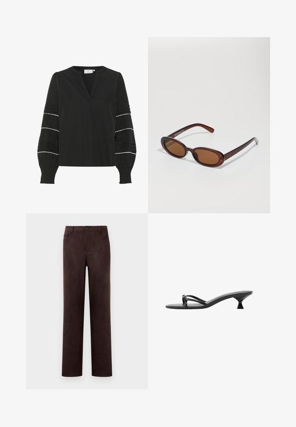 Svart blus med V-ringning, långa puffärm med vit vågig kant och vertikala veck, tillverkad av lättviktigt tyg.; Raka mörkbruna mockabyxor med knapp- och dragkedjestängning framtill, bälteshällor och sidofickor.; Svarta klacksandaler med en strömlinjeformad design, tunna remmar och en unik triangulär klack. Slät textur med en minimalistisk look.; Runda, bruntonade solglasögon med en glansig bordeauxfärgad ram. Smala bågar med subtilt varumärkesdetalj. Platt linsdesign.