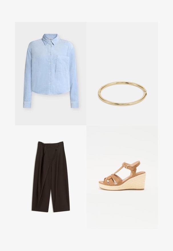 Svijetloplava košulja od kordurovog platna s klasičnim ovratnikom, dugim rukavima, prednjim džepom i kopčanjem na gumbe. Ima teksturirani rebrasti uzorak.; Tamno smeđe široke hlače s visokim strukom, s jednim dugmadi na zakopčavanju i pregibom sprijeda. Izrađene od laganog materijala.; Smeđe platforme na petu s ukriženim trakama, podesivom kopčom oko gležnja i teksturiranom, tkanom espadril stilom na peti.; Zlatna narukvica s glatkom, sjajnom površinom, okruglog oblika i suptilnim detaljem kopče.