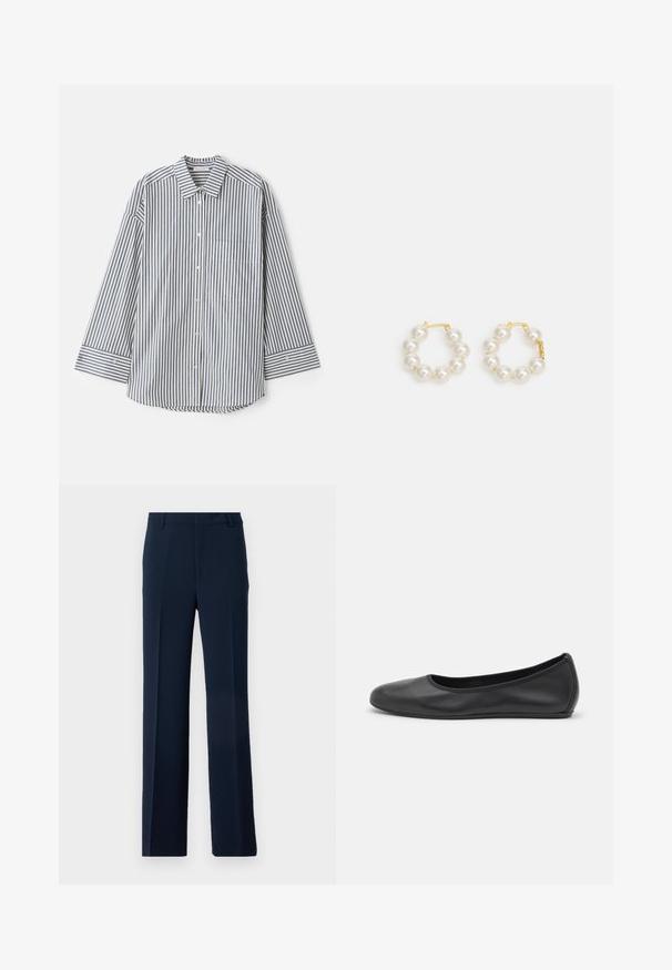 Overhemd met knopen in blauw en witte strepen. Bevat een klassieke kraag, lange mouwen, een borstzak en knoopmanchetten.; Marineblauwe broek van glad stoffen, met een recht model, vooraan geplooid en met zijzakken voor een verfijnde uitstraling.; Zwarte leren ballerina met een ronde neus, gladde textuur, minimale stikdetails en een flexibele zoolontwerp.; Pareloorbellen met een goudkleurige metalen sluiting. Het ontwerp bevat verschillende gladde, witte parels in een cirkelvorm.