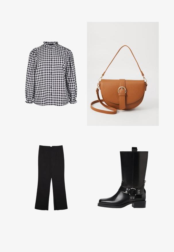 Black and white checked blouse with a ruffled collar, button front closure, and puffed sleeves featuring elastic cuffs. Textured fabric.; Black trousers with a straight fit, featuring front pockets and side slits at the hem. Made of soft, smooth fabric. Suitable for various occasions.; Black leather knee-high boot with a pointed toe, silver buckle accents, and a chunky heel. Features a pull tab for easy wear.; Brown leather crossbody bag with a curved shape, gold hardware, and a buckle accent. Features a detachable shoulder strap.