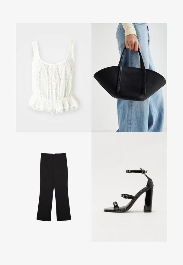 Bela bluza s peplum robom, ki ima čipkast rob, zapiranje s trakovi in vertikalne gubice. Narejena iz lahkotnega, rahlo nagubanega materiala.; Črne hlače ravnega kroja z naglavnimi žepi in stranskimi razporki na robu. Narejene iz mehke, gladke tkanine. Primerne za različne priložnosti.; Črne lakirane sandale s peto, kvadratnim prstom, trakovi okrog gležnja in srebrnimi zaponkami. Opremljene so s stabilno Debelo peto.; Črna usnjena torbica z edinstveno obliko ventilatorja, z ravnimi ročaji. Površina ima teksturo z drobnimi kamni in minimalističen dizajn.