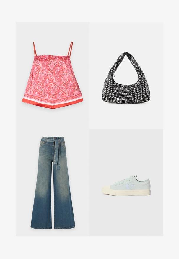 Punainen silkkihihaton paita, jossa on paisley-kuvio, ohut olkahihna ja tukeva punainen helma, sileä pinta ja koristeelliset yksityiskohdat.; Yksiväriset farkut leveällä lahkeella, joissa on vaaleasta tummansiniseen häipyvä väri, korkea vyötärö, vyölenkit ja yhteensopiva kangasvyö. Rakennefarkkujen pinta.; Vaalean mintunvihreät kangaskengät, joissa on kuminen varvastoppa, valkoinen tähden logo ja kermaisen värinen kumipohja. Kengissä on klassinen nauhakiinnitys.; Musta laukku kaarevalla, hobo-muotoisella siluetilla, teksturoitu kangas, jossa on hopeisia niittejä. Yksi pääkahva, vetoketjukiinnitys ja pehmeä siluetti.