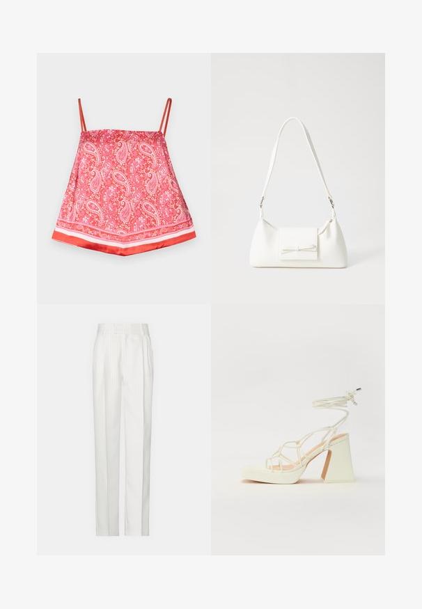 Punane satiinist kampsun paisleimustriga, millel on õhukesed õlavarre rihmad ja ühtlane punane äär, sile tekstuur ja dekoratiivsed detailid.; Valged triibulised püksid, sirgete jalgade disainiga, valmistatud kergest kangast. Ees on voldid ja traditsiooniline talje.; Valged kõrge kontsaga sandaalid, millel on paks konts ja rihmadega disain koos pahkluu sidumisega. Sile tekstuur ja platvorm ees, et lisada kõrgust.; Valge sünteetilisest materjalist kott kolmnurkse kujuga, lame esiklapiga ja kaaredetailiga, reguleeritava rihmaga, sileda tekstuuriga ja minimalistliku disainiga.