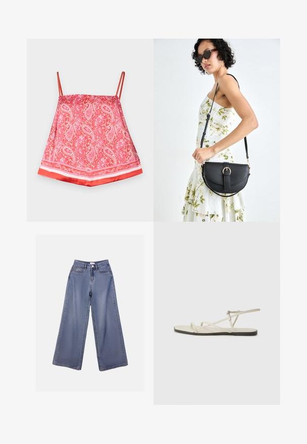 Red satin camisole with paisley pattern, featuring thin shoulder straps and a solid red hem, smooth texture, and decorative accents.; Wide-leg denim jeans in a light blue wash, featuring a high waist, front pockets, and a button closure with belt loops.; Beige flat sandal with multiple slender straps and an adjustable buckle. The sole is flat with a slight dark contrast at the edge.; Black leather handbag with a curved shape, detachable strap, and gold hardware. The bag features a flap with a buckle detail.