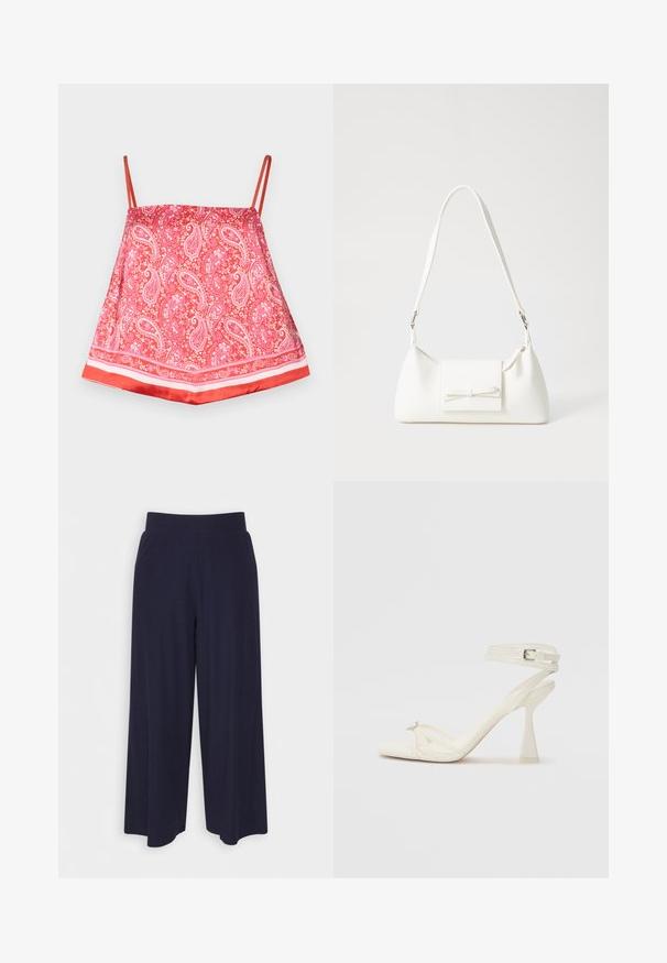 Sarkana satīna kamola ar paisley rakstu, kurai ir plānas plecu lences un viendabīgs sarkans apakšmalas, gluda tekstūra un dekoratīvi akcenti.; Platas kājas bikses tumši zilā audumā ar svītrainu tekstūru. Aprīkotas ar gludu jostasvietu un plūstošu siluetu, sasniedzot vidus teļus.; Balti ādas striķu augstpapēžu sandales ar elegantu dizainu, caurspīdīgu blokveida papēdi un dekoratīvu elementu pirksta daļā.; Balta sintētiska soma ar trīsstūrveida formu, plakanu priekšējo vāciņu un loku detaļu, regulējamu siksnu, gludu tekstūru un minimālistisku dizainu.