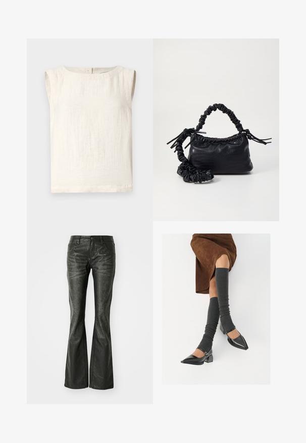 Ärmelloses Elfenbein-Oberteil aus leichtem Stoff, mit rundem Halsausschnitt, subtiler Textur und geradem Saum. Keine sichtbaren Verschlüsse.; Schwarze Kunstleder-Flared-Jeans mit Fronttaschen, einem Metallknopfverschluss und einer leicht strukturierten Oberfläche. Schmaler Schnitt mit langem Bein.; Schwarze lacklederne spitze Schuhe mit Blockabsatz und Knöchelriemen, kombiniert mit grauen gerippten Beinstulpen und einem braunen Wildlederrock.; Schwarze Handtasche aus Kunstleder mit Krokodilstruktur, gerafftem oberen Teil und einem geschoppten Tragegurt. Sie wirkt weich und kompakt im Design.