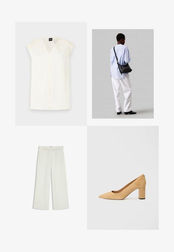 Cremfarbener V-Ausschnitt-Top mit kurzen Ärmeln, aus glattem Stoff gefertigt. Verfügt über eine Mittelnähten und zarte Nahtdetails entlang der Schulternähte.; Weite Hose aus zartem Creme-Stoff, mit seitlichen Taschen, flatem Bund und einer Knopfverschluss an der Taille. Glatte Textur.; Beige Wildleder-Pumps mit hohem Absatz, spitz zulaufend und mit einem klobigen Blockabsatz. Das Material hat eine weiche Textur mit einer glatten Oberfläche.; Schwarze Leder-Umhängetasche mit weicher Textur, dreieckiger Form und verstellbarem Tragegurt, kombiniert mit einem hellblauen gestreiften Hemd und weißen Hosen.