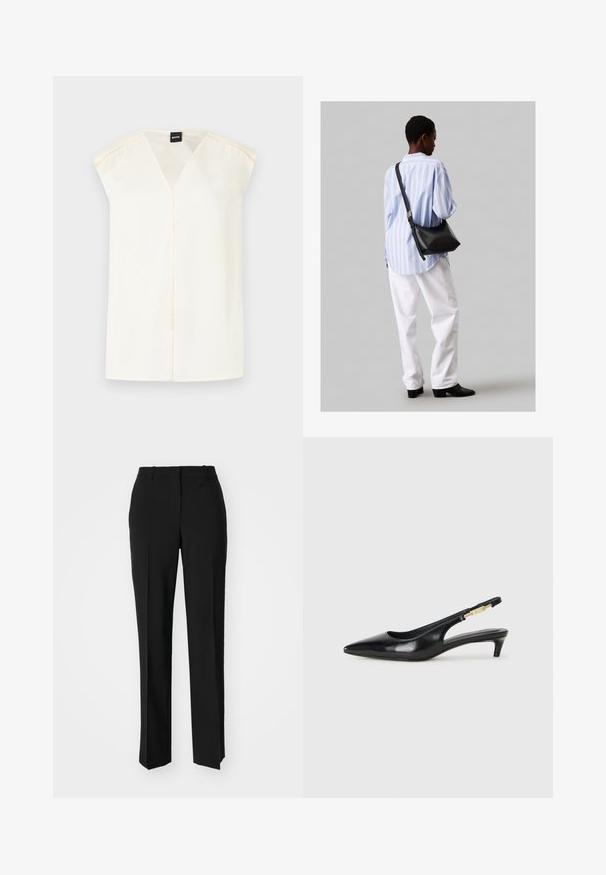 Creme V-hals top med korte ærmer, lavet af glat stof. Har en midterseam og delikate stikninger langs skulderærmerne.; Sorte skræddersyede bukser med lige ben-design, der har en glat tekstur og skarpe folder langs fronten. Ingen synlige hardware.; Sorte læder slingback hæle med spids tå, der har en slank hæl og en guldfarvet detalje på den justerbare rem. Glat tekstur.; Sort læder skuldertaske med en blød tekstur, trekantet form og justerbar strop, kombineret med en lyseblå stribet skjorte og hvide bukser.