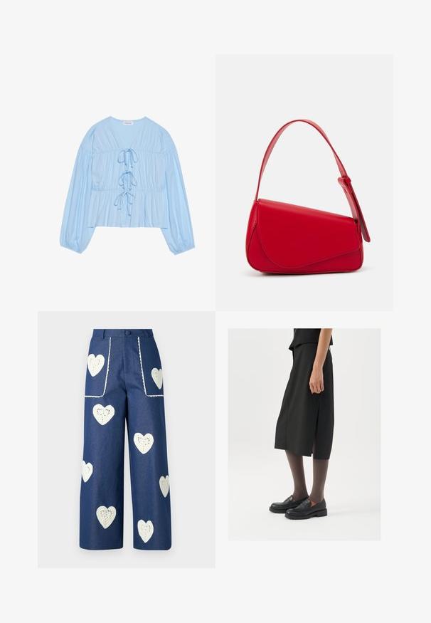 Lichtblauwe blouse met lange mouwen van zachte stof, voorzien van een V-hals, trekkoorddetails en een geplooide taille voor een relaxte pasvorm.; Sister Jane HEART TO HEART - Straight leg jeans - blue denim; Zwarte knielange rok met zijsplit, gecombineerd met zwarte loafers en doorzichtige bruine panty's, met een mooie stof en een eenvoudig ontwerp.; Rode leren handtas met een hoekig, geometrisch ontwerp. Beschikt over een enkele verstelbare schouderriem en een klepclosure met gestikte details.