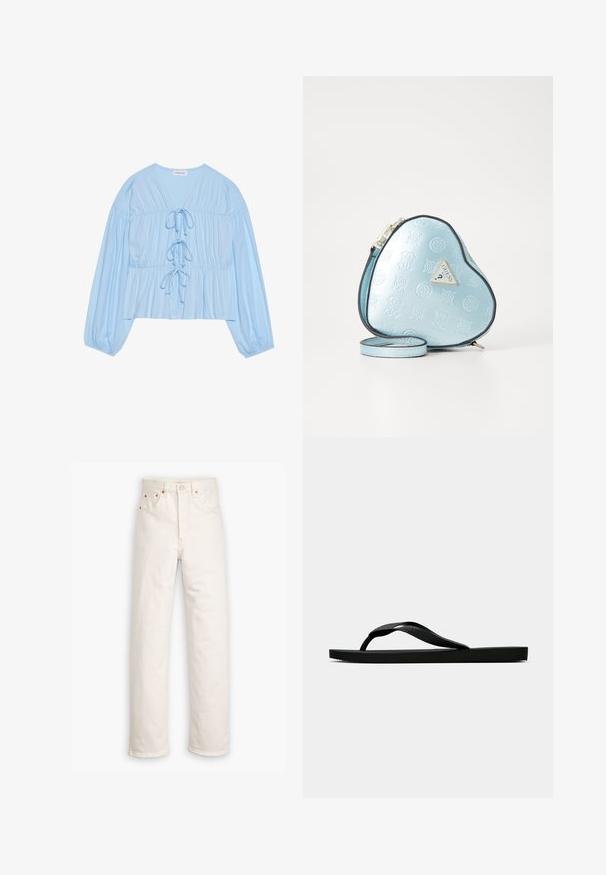 Šviesiai mėlyna ilgomis rankovėmis bliuska, pagaminta iš minkštos medžiagos, su V formos iškarpą, virvutėmis ir susiraukšlėtu juosmeniu, suteikiančiu laisvą prigludimą.; Balti džinsai su tiesiais kojom, penkių kišenių stilius ir vario detalės. Neapdorotas apdailos kraštas ties kulkšnimis.; Juodas gumos šlepetės tipo sandalai su tekstūruota dirželiu ir paprastu plokščiu padu, rodomi iš šono ant vientiso šviesaus fono.; Širdies formos rankinė šviesiai mėlynos spalvos įspaustu audiniu, su juodu apvadu ir auksinės spalvos logotipo plokštele. Įeina nuimamas peties diržas.