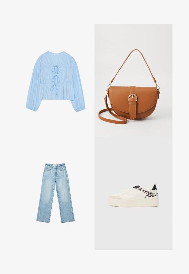Svetlo modra bluza z dolgimi rokavi, izdelana iz mehkega blaga, z V-izrezom, detajli z vrvico in nabranim pasom za sproščen kroj.; Svjetloplave široke traperice s visokim strukom, s izblijedjelim pranjem i malim, raštrkanim oštećenjima po cijelom dijelu.; Even&Odd Športni copati - white/black; Rjava usnjena torbica prek telesa s ukrivljeno obliko, zlate opreme in sponko. Ima odstranljiv naramni trak.